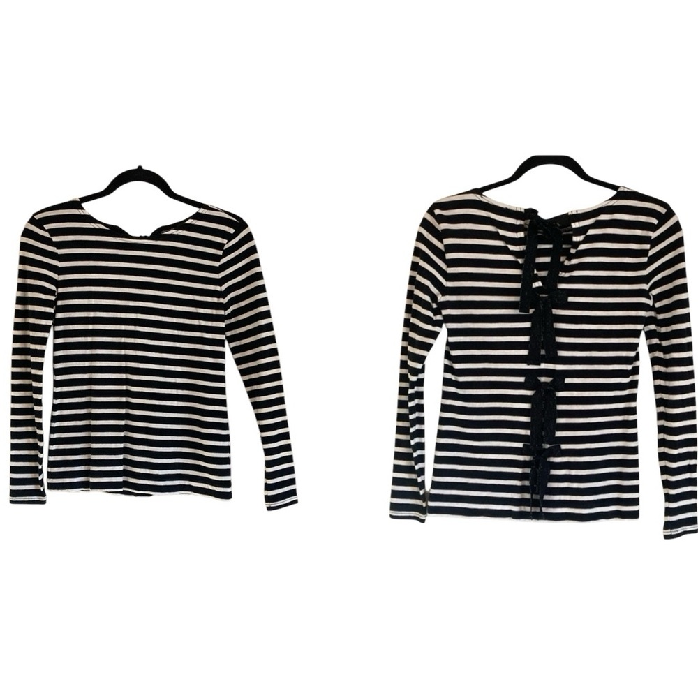 J. Crew Women’s Black and White Long Sleeve Top, Black Bows, XS